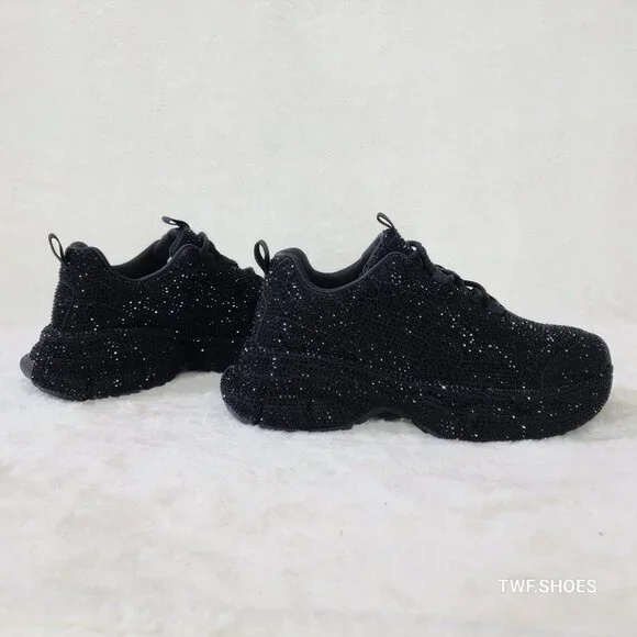 Cush Dazzle Sport Rhinestone Comfy Platform Light Weight Sneakers Black - Picture 3 of 6